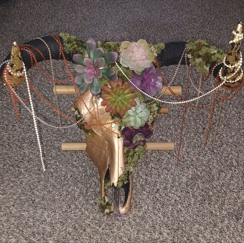 Decorative Gold Bull Skull with Succulents